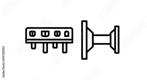 Electronic component and industrial connection line icons featuring an electrical terminal block and mechanical flange part for engineering and hardware