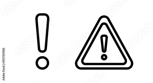 Universal alert and warning line icons showing an exclamation mark and a hazard triangle symbol for attention, notifications, and emergency signals