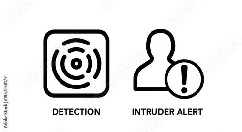 Security detection and intruder alert line icons featuring a sensor signal icon and a person silhouette with a warning sign for surveillance systems