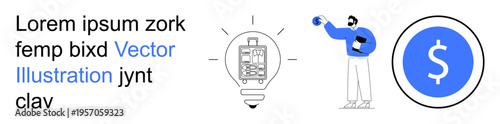 Business solutions, creative ideas, innovation, financial growth, entrepreneurship, technology. A light bulb with a circuit board, a person holding documents and a dollar symbol. Business solutions