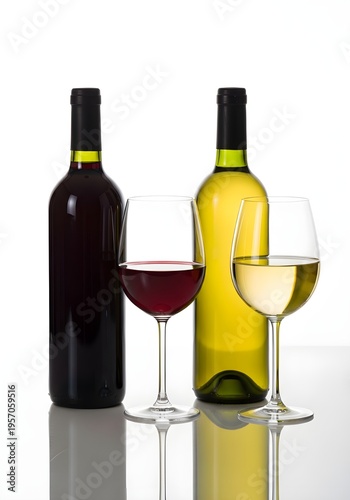 Red and white wine bottles with glasses on white background