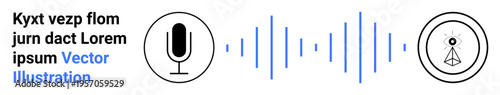 Audio communication, voice recording, podcasting, recognition technology, sound transmission, digital playback. Microphone with sound waves and a receiver icon. Audio communication and voice
