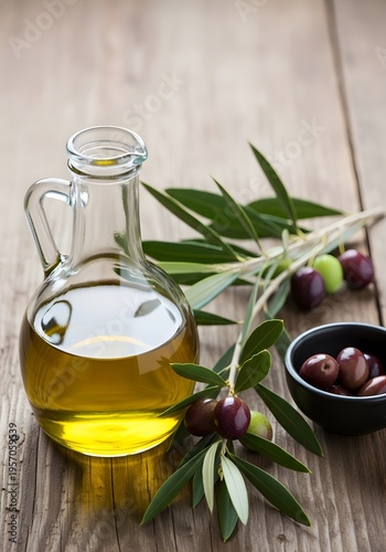 Extra virgin olive oil in glass bottle with fresh olives on branch