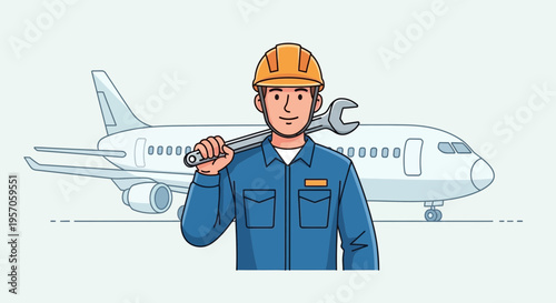 Aircraft Mechanic Illustration – Aviation Engineer with Airplane Vector Design