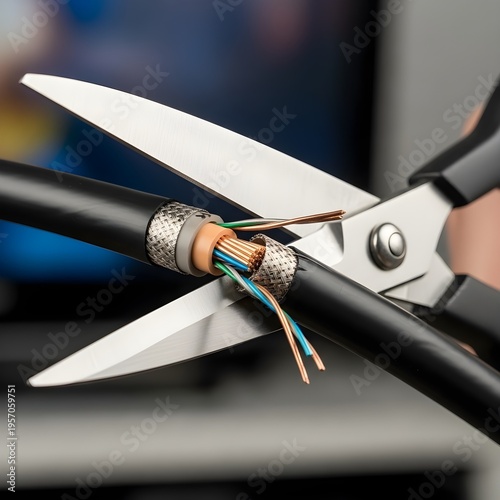 Close up of scissors cutting through a black power cable