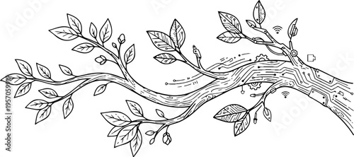 Line art vector of tree branch transforming from natural leaves to digital circuit board