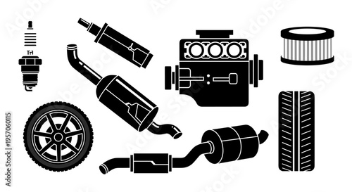 Collection of black and white vector icons representing car parts and engine components