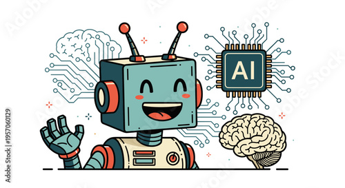 Friendly cartoon robot with AI chip and brain illustration