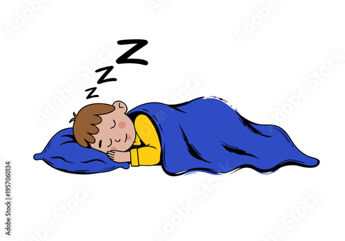 A cartoon child sleeping peacefully, resting on a blue pillow under a blue blanket, with closed eyes and a calm expression. Three "Z" symbols above the child emphasize the theme of sleep and rest.