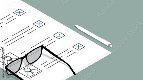 Isometric voting paper with details of election candidates and voter yes and no marks. Cartoon 3D vector concept isolated on green background