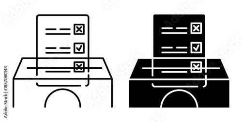 Linear icon. Ballot form dropped into ballot box. Simple black and white vector symbol isolated on white background