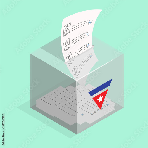 Isometric vote list dropped into voting urn. Cartoon 3D vector concept isolated on green background