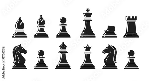 Collection of black chess pieces silhouettes on a white background, top view