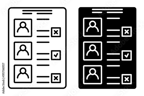 Linear icon. Ballot paper with details of candidates participating in elections and voter marks in checkboxes. Simple black and white vector symbol isolated on white background