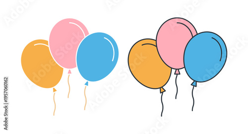 Linear icon. Garland of multi colored balloons flying upwards. Simple colored vector symbol isolated on white background