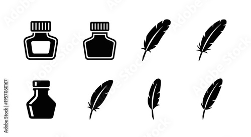 Set of black ink bottles and quill feather icons on a white background