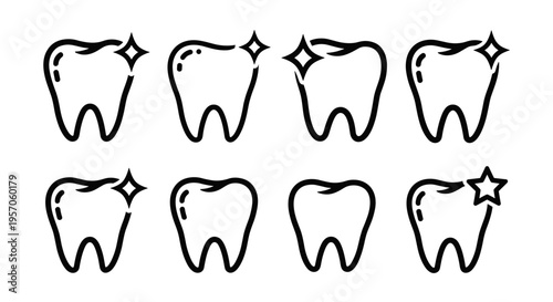 Set of clean and sparkling tooth icons with different shine effects