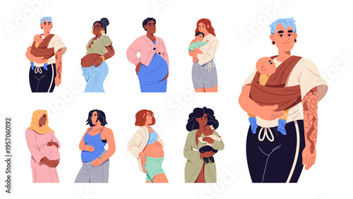 Diverse pregnant women set. Expectant mothers. Happy girls with baby in belly. Moms with abdomen hold kids on hands. Pregnancy and motherhood. Flat isolated vector illustrations on white background