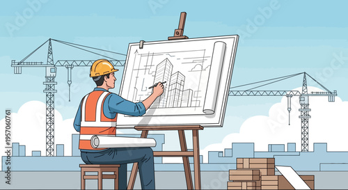 Architect sketching building plans on easel at construction site