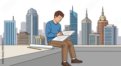 Architect sketching urban building plans on rooftop