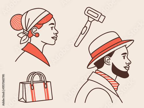 Vector graphic set. Icons in flat, contour, thin, minimal and linear design. Beauty. Attributes of beauty for men and women. Concept illustration for Web site. Sign, symbol, element. vector