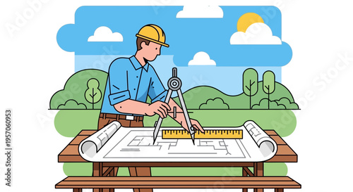 Architect Working on Blueprint Outdoors with Compass and Ruler