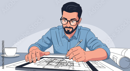 Architect Working on Blueprint Design at Office Desk