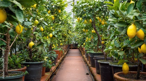 Lemon trees in pots inside a greenhouse