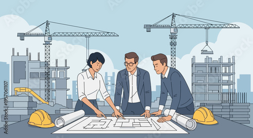Architects Collaborating on Construction Blueprint at Building Site