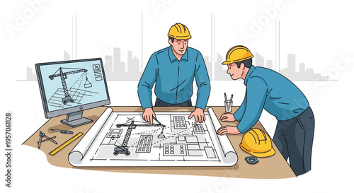 Architects Collaborating on Construction Blueprint Design