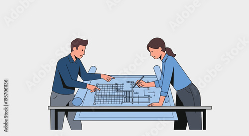 Architects Collaborating on Construction Blueprint Design