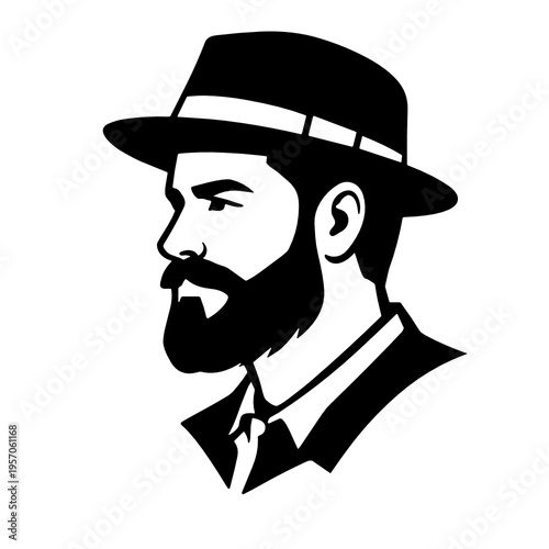 Elegant bearded gentleman in a fedora hat and suit shown in side profile. Refined monochrome avatar ideal for barbershop branding, vintage fashion graphics, logos, or editorial design.