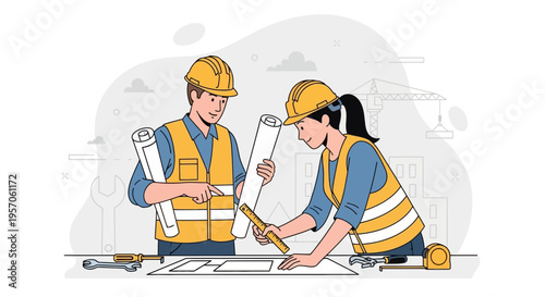 Architects Collaborating on Construction Blueprint Plans