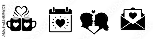 Black and white Valentine icon set with coffee cups, love calendar, couple profile and heart envelope. Romantic symbol collection for wedding, greeting card and holiday design.