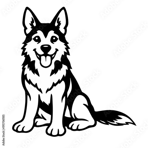 Black and white vector illustration of a fluffy husky dog sitting and smiling, with pointed ears and thick fur. Loyal pet character for logos, apparel, stickers, winter themes, and prints.