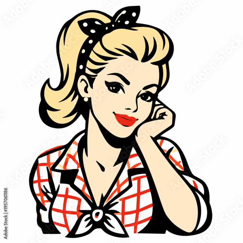 Vintage blonde woman portrait with polka dot headscarf, red lips and checkered blouse. Charming retro fashion illustration evoking classic femininity, nostalgia and pinup style.