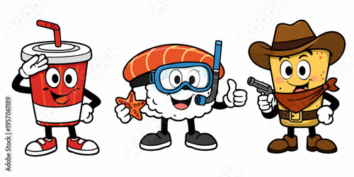Three lively fast food mascots including soda cup, sushi diver, and cowboy snack. Funny commercial character set for menus, packaging, promotions, and kids branding projects.