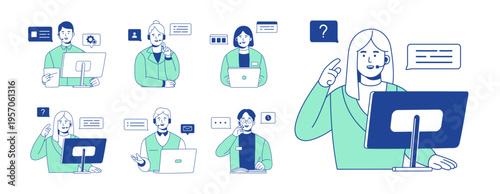 Call center operators set. Workers of technical support service. Consultants of hotline, helpdesk communicate with clients by headset and help. Flat isolated outline vector illustrations on white
