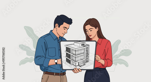 Architects Collaborating on Modern Building Blueprint Design