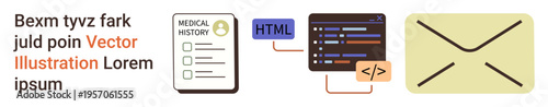 Digital communication, medical documentation, programming, web development, correspondence, data usage. Medical history document, coding symbols and an envelope graphic. Digital communication