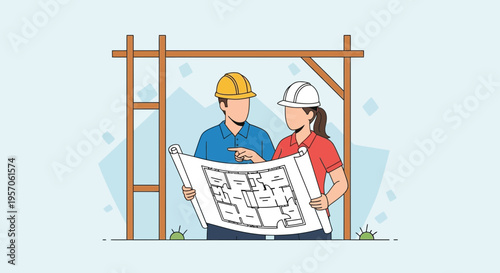 Architects Reviewing Construction Blueprints at Building Site