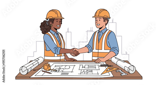 Architects Shaking Hands Over Construction Blueprints
