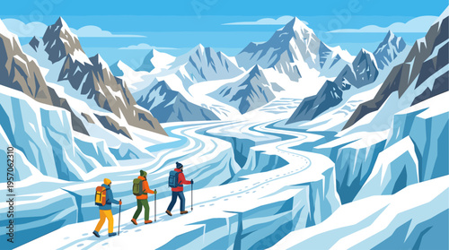 Three hikers with backpacks and poles ascend a winding glacier path through a majestic snow-capped mountain range under a clear blue sky.