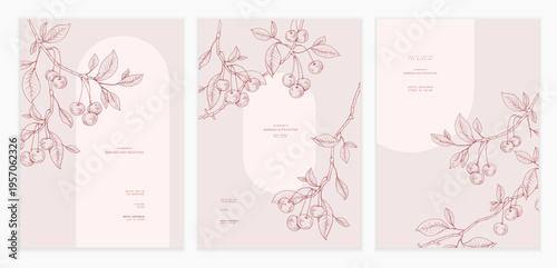 Set of card with cherry fruits. Detailed template layout design, for brochure, cover or wedding invitation