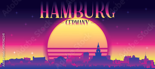 Purple generic retro futuristic synthwave panoramic poster of the city skyline with misty background sunset buildings of HAMBURG, GERMANY
