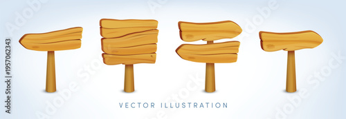 Vector cartoon 3d signboard set. 3d realistic empty wooden right, left direction arrow and plaque. Wood texture natural brown pointers collection. Wooden choice signpost game sign, street road banner.