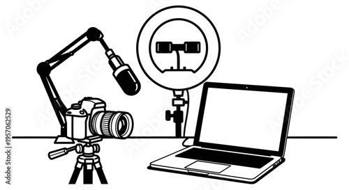Black and white illustration of a laptop with a camera and microphone.