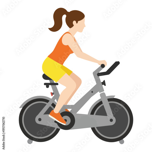 Woman Cycling on Stationary Exercise Bike Vector Icon