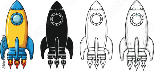 Cartoon rocket set, space ship illustration, vintage and modern styles, launch concept, aerospace design, colorful and outline vector, science fiction theme