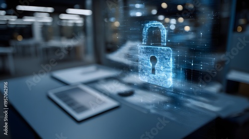 Digital lock glows above desk in futuristic office